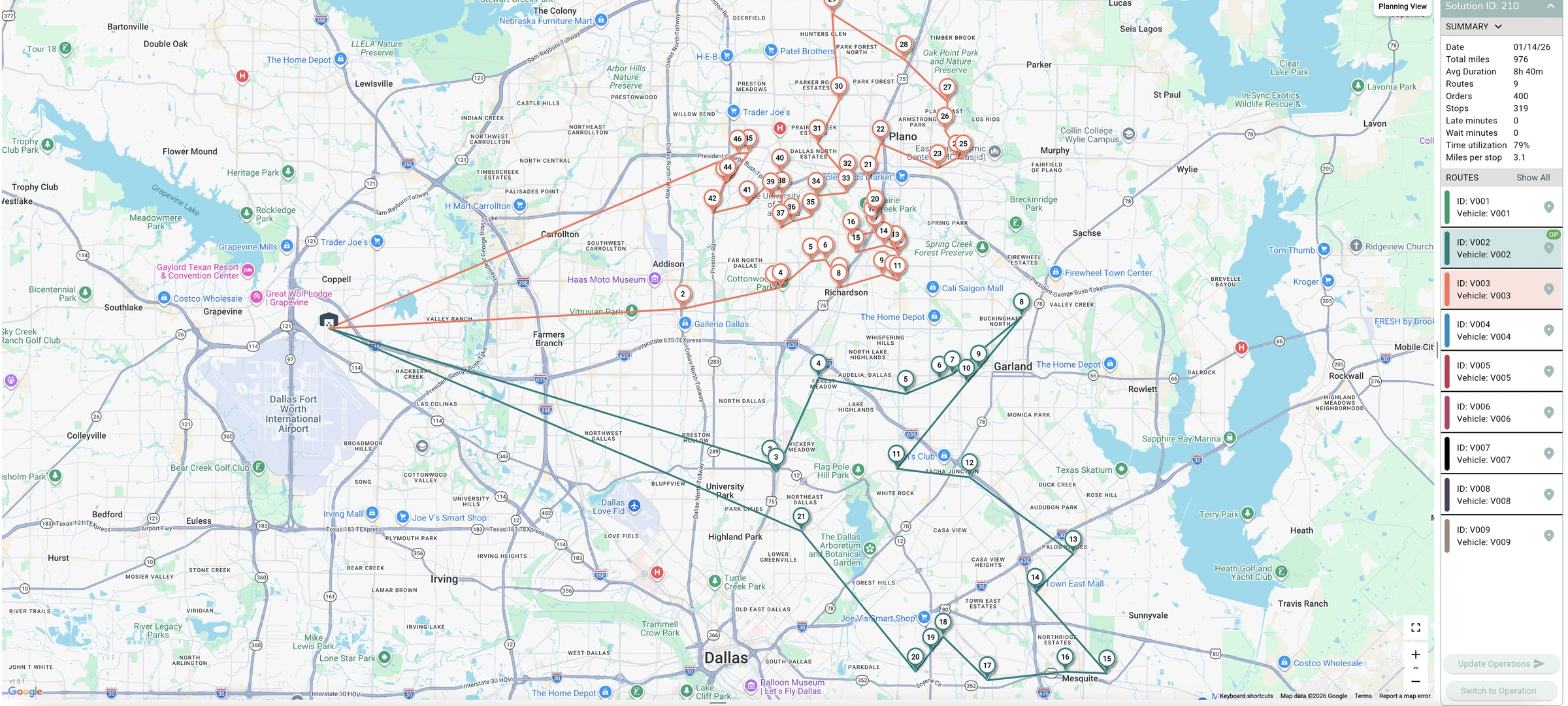 BOSOPT Solutions Manager planning view: nine colour-coded routes across a metro area, with a summary panel showing total miles, routes, orders and stops.